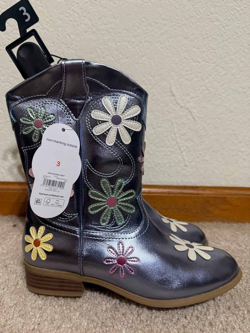 Wonder Nation Girls Western Daisy Boots Shoes Blue New Size 3